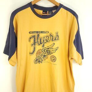 Bugle Boy Flyers Graphic T-Shirt Men's Large Mustard Yellow Navy Blue Distressed